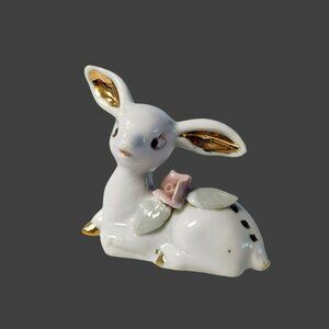Vintage Chase Japan White Gold  Deer Fawn Figurine, Porcelain Hand Painted Pink
